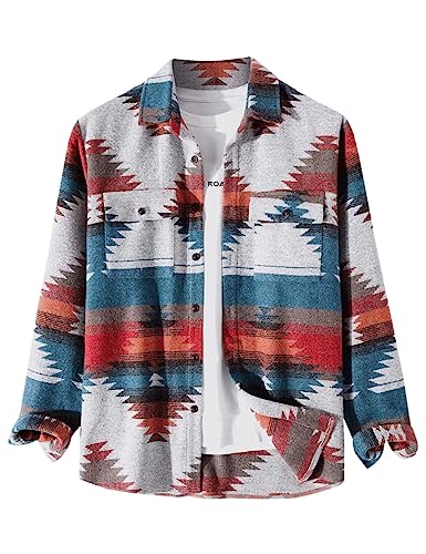 FindThy Herren gebürstetes Flanellhemd mit ethnischem Azteken-Muster, durchgeknöpfte Revers-Hemd-Jacke im Tribal-Design, 01 Rot, Mittel von FindThy