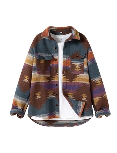 FindThy Herren gebürstetes Flanellhemd mit ethnischem Azteken-Muster, durchgeknöpfte Revers-Hemd-Jacke im Tribal-Design, 3X-Groß von FindThy