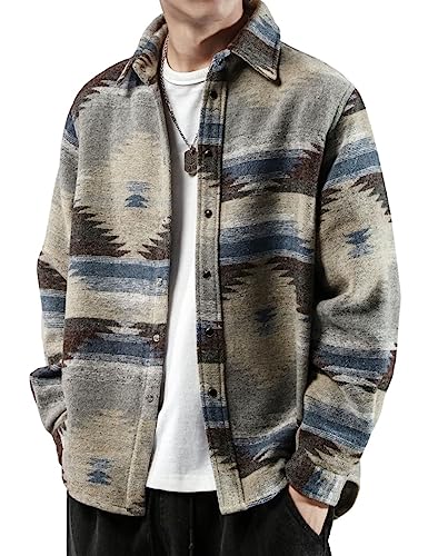 FindThy Herren gebürstetes Flanellhemd mit ethnischem Azteken-Muster, durchgeknöpfte Revers-Hemd-Jacke im Tribal-Design, GRAU, Mittel von FindThy