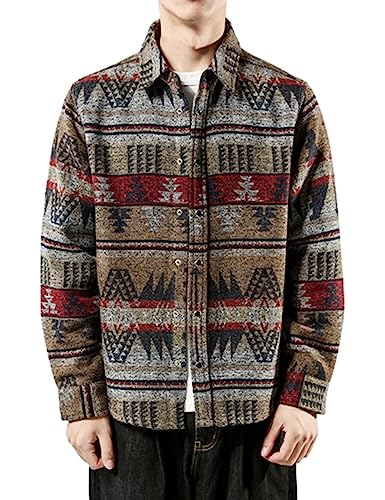 FindThy Herren gebürstetes Flanellhemd mit ethnischem Azteken-Muster, durchgeknöpfte Revers-Hemd-Jacke im Tribal-Design, Kaffee, Mittel von FindThy