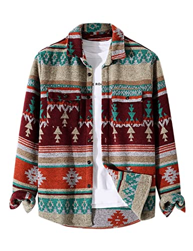 FindThy Herren gebürstetes Flanellhemd mit ethnischem Azteken-Muster, durchgeknöpfte Revers-Hemd-Jacke im Tribal-Design, Klein von FindThy