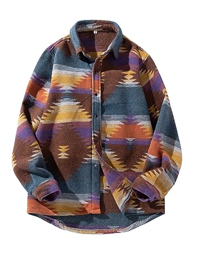 FindThy Herren gebürstetes Flanellhemd mit ethnischem Azteken-Muster, durchgeknöpfte Revers-Hemd-Jacke im Tribal-Design, M von FindThy