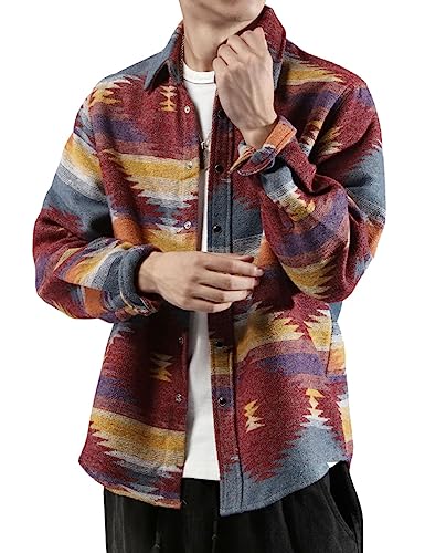 FindThy Herren gebürstetes Flanellhemd mit ethnischem Azteken-Muster, durchgeknöpfte Revers-Hemd-Jacke im Tribal-Design, Rot/Ausflug, einfarbig (Getaway Solids), S von FindThy