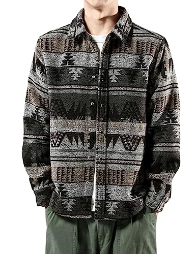 FindThy Herren gebürstetes Flanellhemd mit ethnischem Azteken-Muster, durchgeknöpfte Revers-Hemd-Jacke im Tribal-Design, Schwarz, XL von FindThy