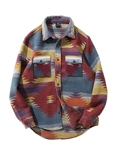 FindThy Herren gebürstetes Flanellhemd mit ethnischem Azteken-Muster, durchgeknöpfte Revers-Hemd-Jacke im Tribal-Design, Small von FindThy