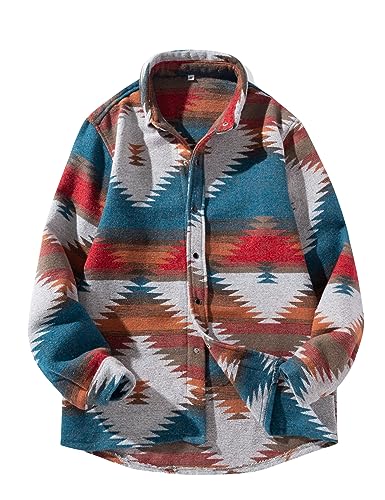 FindThy Herren gebürstetes Flanellhemd mit ethnischem Azteken-Muster, durchgeknöpfte Revers-Hemd-Jacke im Tribal-Design, blau/weiß, Mittel von FindThy