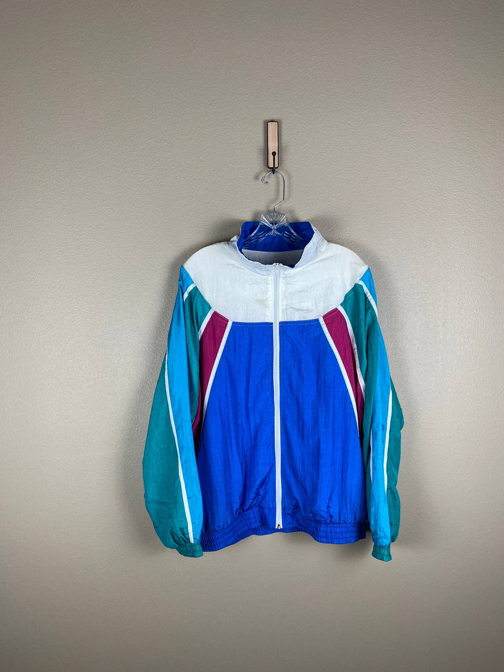 Vintage 90Er Jahre Windjacke | Größe Xl Bold Spirit Colorblock Türkis Blau Pink Neonlicht Herbst Partyjacke von FindingxFashion