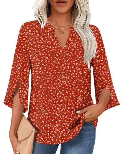 Findsweet Damen-Blusen, elegant, lässig, 3/4-Ärmel, Tops, Business, Arbeit, Chiffon, Büro, V-Ausschnitt, Größe M-3XL, 3/4-Ärmel, Rot mit Punkten, Groß von Findsweet