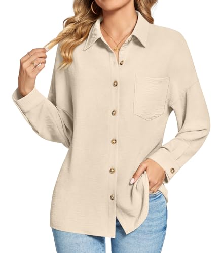 Findsweet Damen Button Down Shirts Langarm Büro T-Shirts Oversize Arbeit Bluse Drop Schulter Tops mit Tasche L,Aprikose von Findsweet