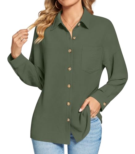 Findsweet Damen Button Down Shirts Langarm Büro T-Shirts Oversize Arbeit Bluse Drop Schulter Tops mit Tasche L,Army grün von Findsweet