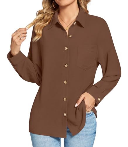 Findsweet Damen Button Down Shirts Langarm Büro T-Shirts Oversize Arbeit Bluse Drop Schulter Tops mit Tasche L,Braun von Findsweet