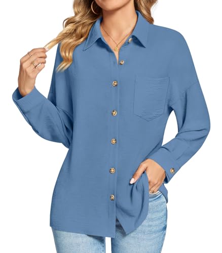 Findsweet Damen Button Down Shirts Langarm Büro T-Shirts Oversize Arbeit Bluse Drop Schulter Tops mit Tasche L,Denim blau von Findsweet