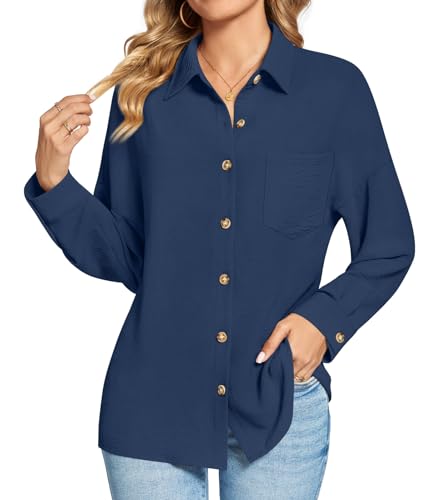 Findsweet Damen Button Down Shirts Langarm Büro T-Shirts Oversize Arbeit Bluse Drop Schulter Tops mit Tasche L,Marine von Findsweet