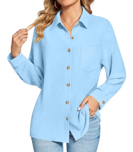 Findsweet Damen Button Down Shirts Langarm Büro T-Shirts Oversize Arbeit Bluse Drop Schulter Tops mit Tasche M,Hellblau von Findsweet