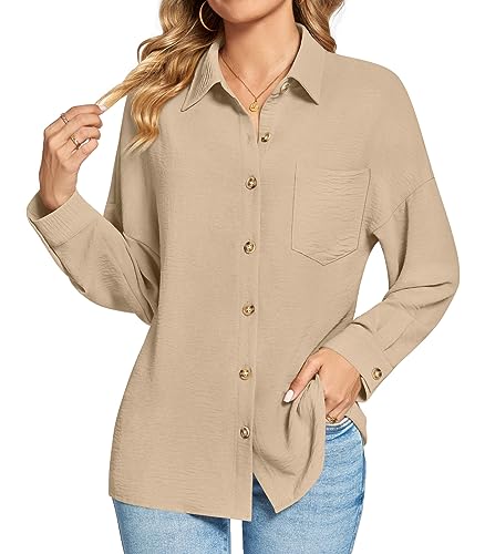 Findsweet Damen Button Down Shirts Langarm Büro T-Shirts Oversize Arbeit Bluse Drop Schulter Tops mit Tasche M,Kamel von Findsweet