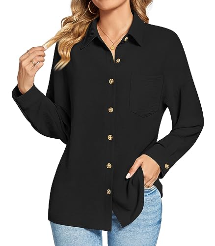 Findsweet Damen Button Down Shirts Langarm Büro T-Shirts Oversize Arbeit Bluse Drop Schulter Tops mit Tasche M,Schwarz von Findsweet