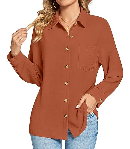 Findsweet Damen Button Down Shirts Langarm Büro T-Shirts Oversize Arbeit Bluse Drop Schulter Tops mit Tasche M,Ziegelrot von Findsweet