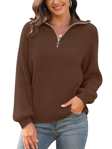 Findsweet Damen Casual Quarter Zip Pullover V-Ausschnitt Kragen gerippte Strickpullover Lose Bequeme Pullover Tops 2XL, Braun von Findsweet