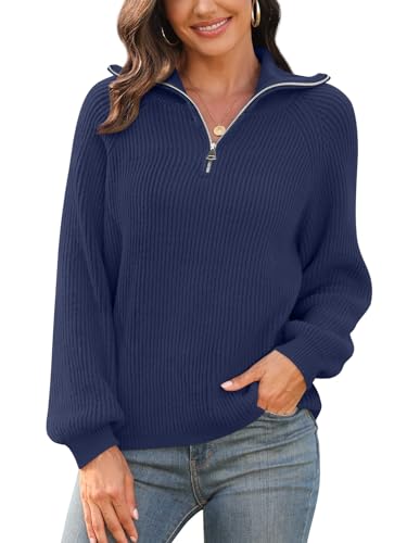 Findsweet Damen Casual Quarter Zip Pullover V-Ausschnitt Kragen gerippte Strickpullover Lose Bequeme Pullover Tops 2XL, Marine von Findsweet