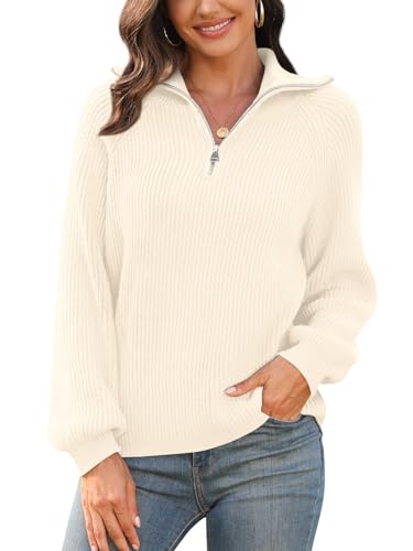 Findsweet Damen Casual Quarter Zip Pullover V-Ausschnitt Kragen gerippte Strickpullover Lose Bequeme Pullover Tops 2XL, Milchweiß von Findsweet