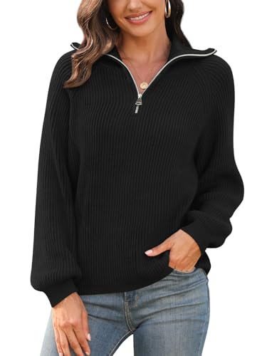 Findsweet Damen Casual Quarter Zip Pullover V-Ausschnitt Kragen gerippte Strickpullover Lose Bequeme Pullover Tops 2XL, Schwarz von Findsweet