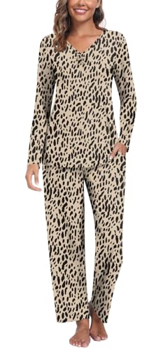 Findsweet Damen Herbst Pyjama Sets 2-teilige Lounge Nachtwäsche Langarm Weiche Pjs Top Bequeme Pjs Hose mit Taschen 2XL, Leopard Khaki von Findsweet