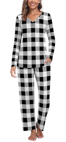 Findsweet Damen Herbst Pyjama Sets 2-teilige Lounge Nachtwäsche Langarm Weiche Pjs Top Bequeme Pjs Hose mit Taschen 2XL, Schwarz und Weiß kariert von Findsweet