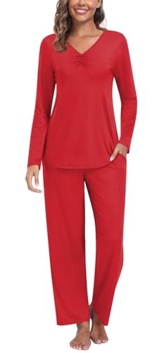 Findsweet Damen Herbst Pyjama Sets 2-teilige Lounge Nachtwäsche Langarm Weiche Pjs Top Bequeme Pjs Hose mit Taschen XL, Rot von Findsweet