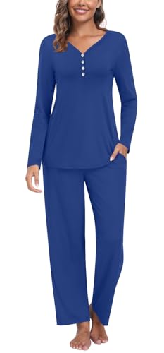 Findsweet Damen Pyjama Sets 2-teilige Lounge Nachtwäsche Langarm Button-Down Pjs Top Bequeme Pjs Hose mit Taschen 2XL, Blau von Findsweet