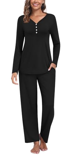 Findsweet Damen Pyjama Sets 2-teilige Lounge Nachtwäsche Langarm Button-Down Pjs Top Bequeme Pjs Hose mit Taschen 2XL, Schwarz von Findsweet