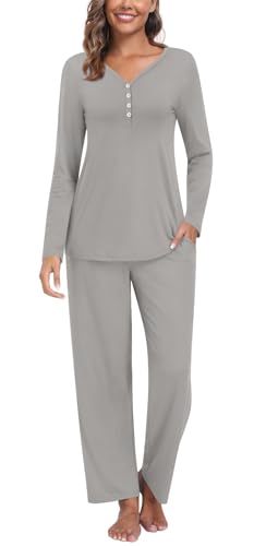 Findsweet Damen Pyjama Sets 2-teilige Lounge Nachtwäsche Langarm Button-Down Pjs Top Bequeme Pjs Hose mit Taschen 3XL, Grau von Findsweet