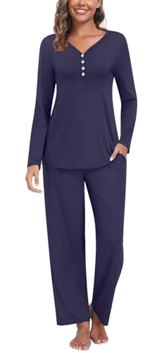 Findsweet Damen Pyjama Sets 2-teilige Lounge Nachtwäsche Langarm Button-Down Pjs Top Bequeme Pjs Hose mit Taschen XL, Marine von Findsweet