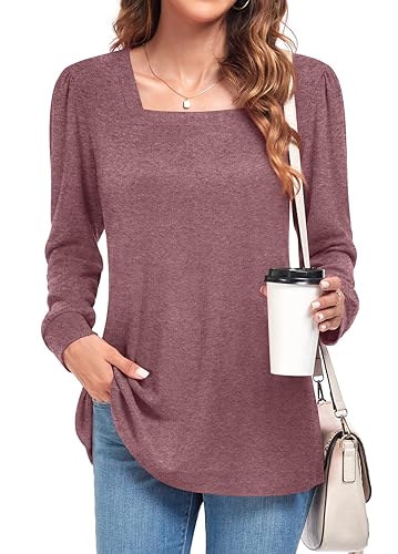 Findsweet Frauen Puff Langarm Tops Dressy Casual Quadrat Hals T-Shirts Bluse Lose Comfy Tunika Tops für Leggings L, Violettrot von Findsweet