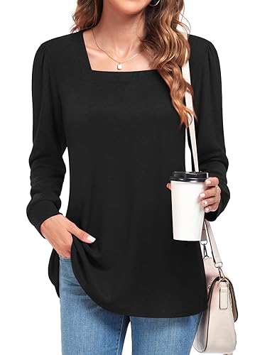 Findsweet Frauen Puff Langarm Tops Dressy Casual Quadrat Hals T-Shirts Bluse Lose Comfy Tunika Tops für Leggings S, Schwarz von Findsweet