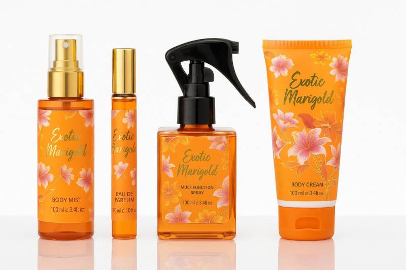 Fine Perfumery London Pflege-Geschenkset Exotic Marigold Damen Duftset 4-tlg Ins vom bekannter Düfte Made in UK von Fine Perfumery London