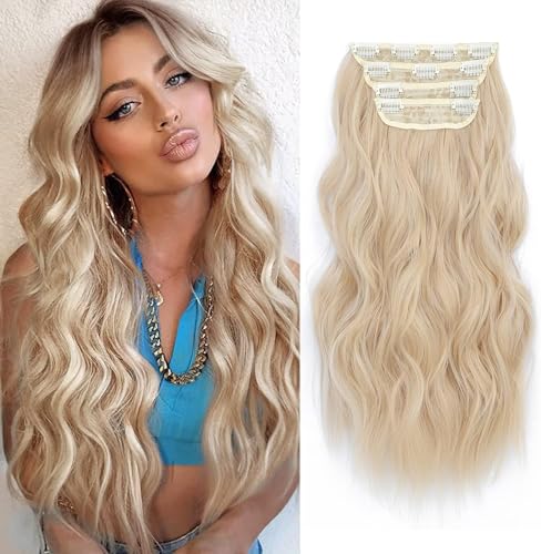 FINE PLUS Clip in Extensions, 4PCS Lange Wellige Haarverlängerung Clip in Bleichmittel blond Weiches Double Weft Brünette Extensions mit klammer Synthetisches Haarteil Für Frauen - 50.8 cm von Fine Plus