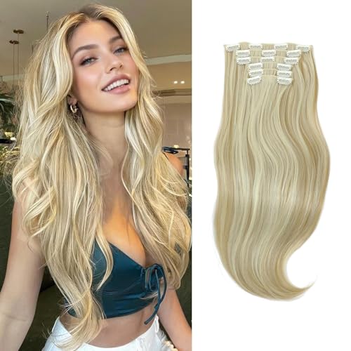 FINE PLUS Clip in Extensions, 6PCS Lange Wellige Haarverlängerung Synthetisches Extensions Double Weft Haare Full Head Seamless Haarteil Für Frauen (77.33cm; Ash Blonde mit Highlights) von Fine Plus