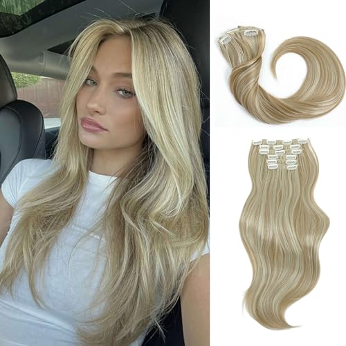 FINE PLUS Clip in Extensions, 6PCS Lange Wellige Haarverlängerung Synthetisches Extensions Double Weft Haare Full Head Seamless Haarteil Für Frauen (77.33cm; Dunkelblond mit Highlights) von Fine Plus