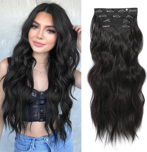 FINE PLUS Clip in Extensions,4PCS Lange Wellige Haarverlängerung Clip in Dunkelbraun Weiches Double Weft Brünette Extensions mit klammer Synthetisches Haarteil Für Frauen - 50.8 cm von Fine Plus
