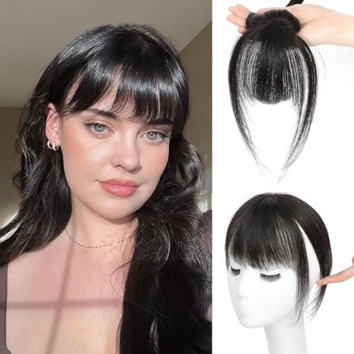 Fine Flus Clip in Pony Haarteil, 100% Remy Echthaar Fringe Bangs Hair Clip in Pony with Tempel Haarteile Echthaar Haarverlängerung für Frauen tägliche Tragen-Natürliches Schwarz von Fine Plus