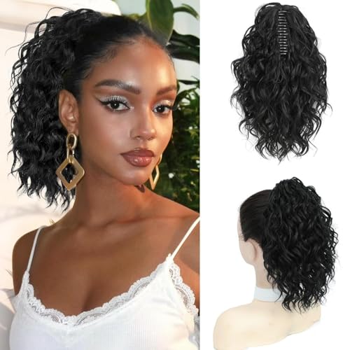 Fine Plus Claw Clip Ponytail Extension, 30.48cm kurz Lockige Zopf Pony Haarextension Natürliche Synthetik Pony Haarteil für Frauen und Mädchen- 1B von Fine Plus