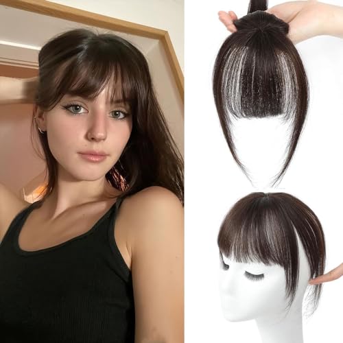Fine Plus Hair Clip in Pony Echthaar - 360° Bang Extensions Mit Tempel Haarteile für Frauen - Natürliche Fringe Haarverlängerung - Dunkelbraun von Fine Plus