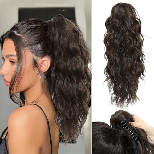 Fine Plus Klauen Clip Ponytail Extension, 45 cm Lange Lockige Pferdeschwanzverlängerung Brown Synthetik Wellig Extensions Clip in Ponytail Haarteile für Damen von Fine Plus