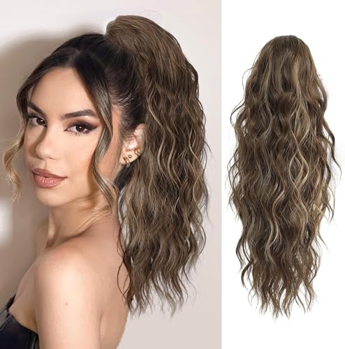 Fine Plus Ponytail Extension, 45 cm Lange Lockige Wellig Clip in Ponytail Extension Brown mit Karamellblonde Highlights Synthetik Haarverlängerung Pferdeschwanz Haarteil für Damen von Fine Plus