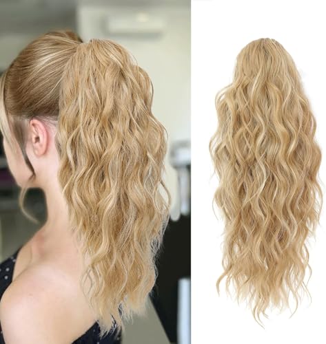 Fine Plus Ponytail Extension, 45cm Long Lockige Clip in Ponytail Extension Natürliche Synthetischer Pony Haarteil für Frauen Täglicher Gebrauch - Golden Blonde mit Highlights von Fine Plus