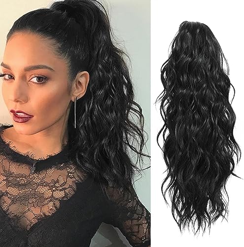 Fine Plus Ponytail Extension, 45cm Long Lockige Clip in Ponytail Extension Natürliche Synthetischer Pony Haarteil für Frauen Täglicher Gebrauch - Natürliches Schwarz von Fine Plus