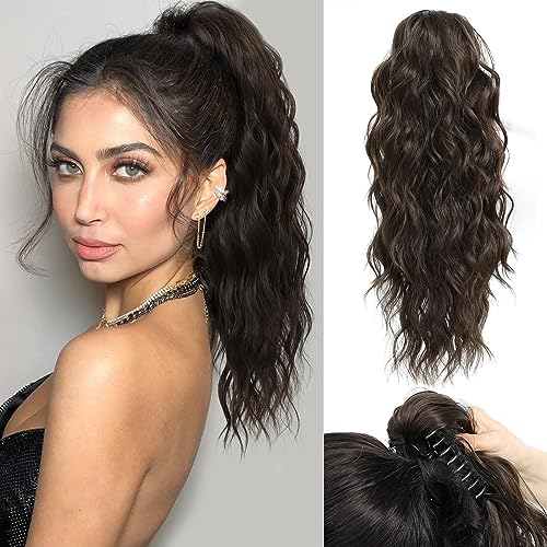 Fine Plus Ponytail Extension mit Klauenklammern, 45cm Wellige Lockige Pferdeschwanz Verlängerung Dark Chocolate Brown Synthetisches Haarteil Ponytail Extension für Frauen und Mädchen von Fine Plus