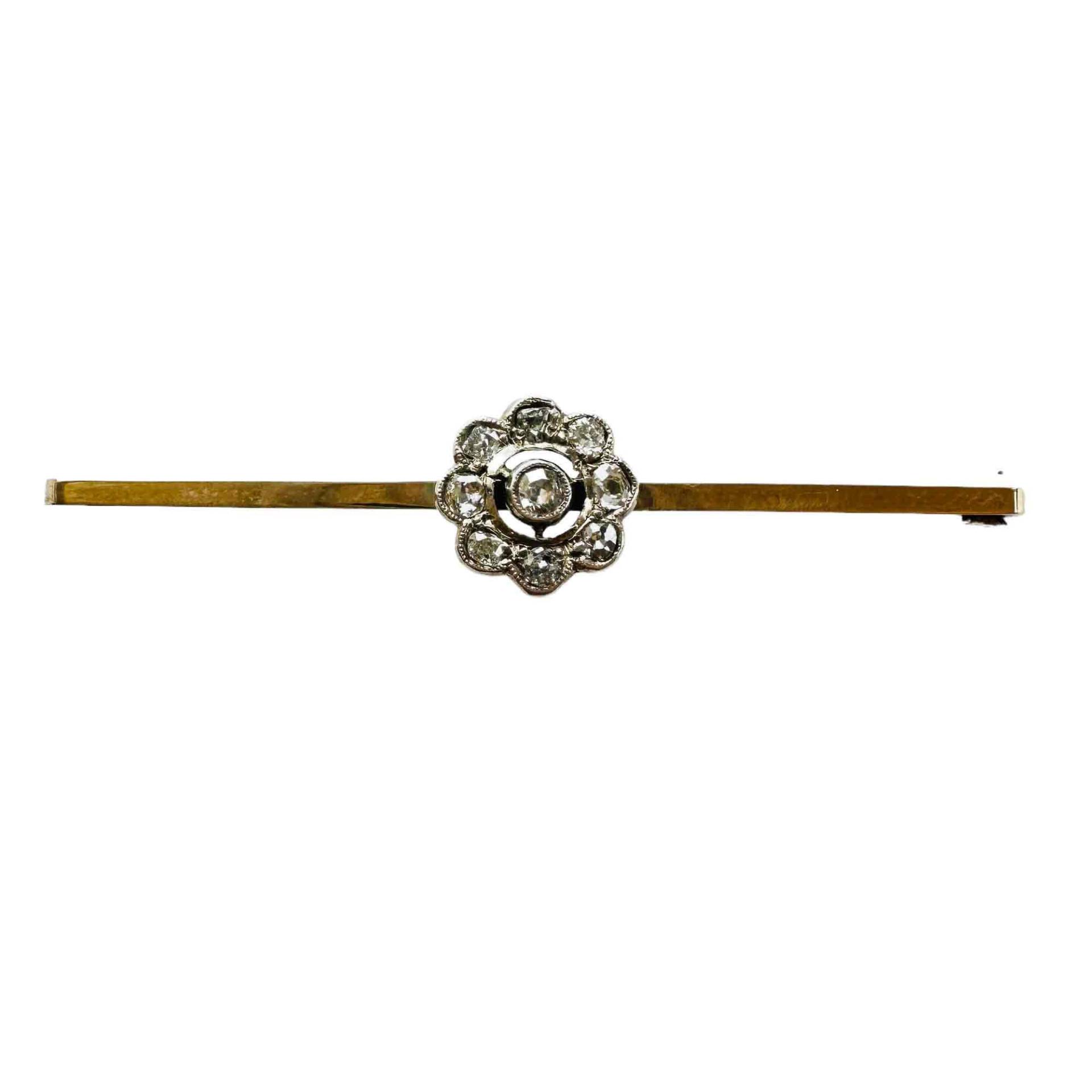 Art Deco 9Ct, 9K 375 Gold Diamant 0.28Ct, Daisy Cluster Bar Brosche, Datum 1936/37 von FineAntiqueJewelry