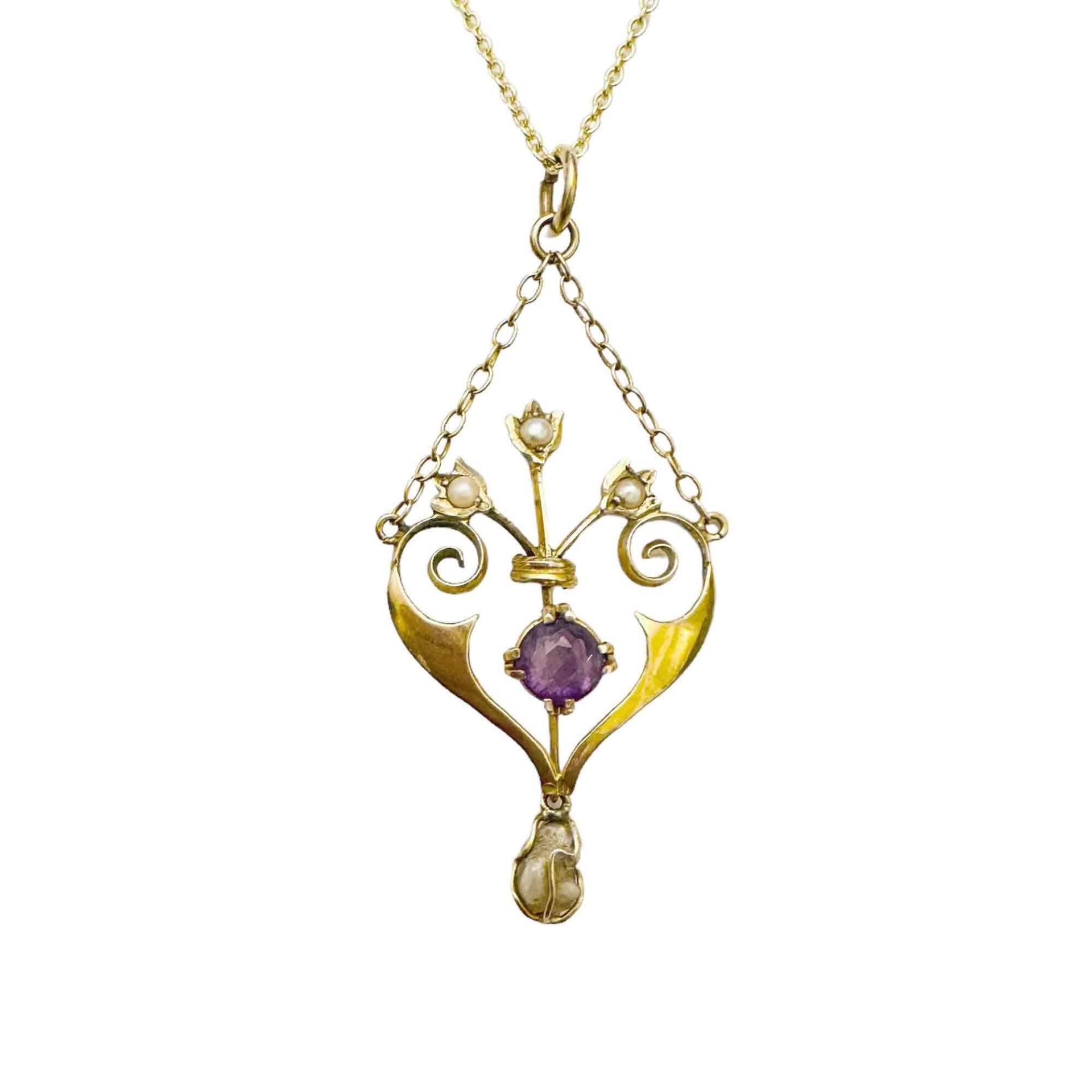 Exquisite Edwardian, 9 Karat, 375 Gold Amethyst Und Perlen Lavalier Halskette An Kette, C1905 von FineAntiqueJewelry