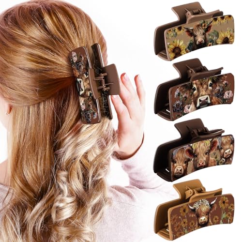 FineCheer Western-Haarklammern, Weihnachtsmotiv, Leder, Hochlandkuh-Druck, große Haarklammern, Western-Haar-Accessoires für Damen, langes kurzes Haar (Hochland-Druck), 4 Stück von FineCheer